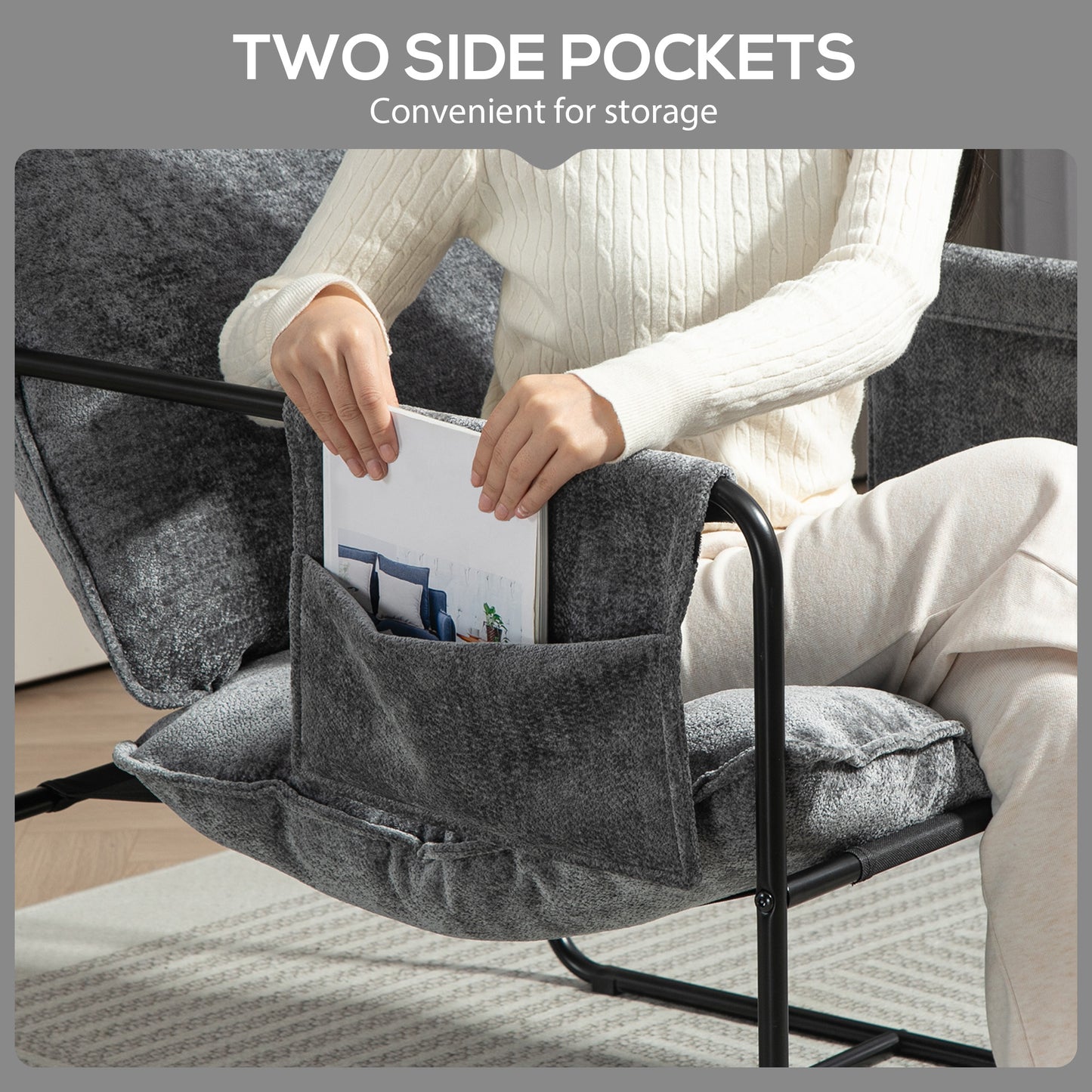 HOMCOM Modern Accent Chair, Upholstered Armchair with Side Pockets and Steel Frame, Comfy Reading Chair for Bedroom, Grey