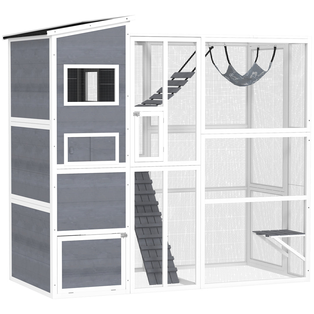 PawHut 76" Catio Outdoor Cat Enclosure with Cat Condo, Jumping Platforms, Ladder, Ramps, Hammock for 2-3 Indoor Cats, Grey