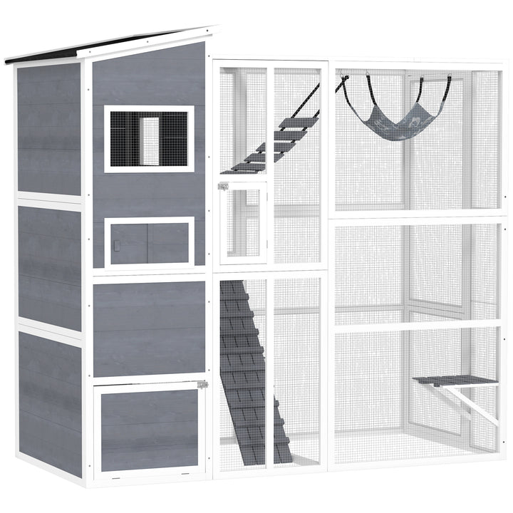 PawHut 76" Catio Outdoor Cat Enclosure with Cat Condo, Jumping Platforms, Ladder, Ramps, Hammock for 2-3 Indoor Cats, Grey