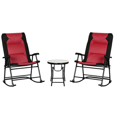 Outsunny 3pc Patio Foldable Rocking Chair Set, Outdoor Rocking Chairs and Table Bistro Set w/ Padded Seat, Headrest, Backrest for park, backyard, garden, Red