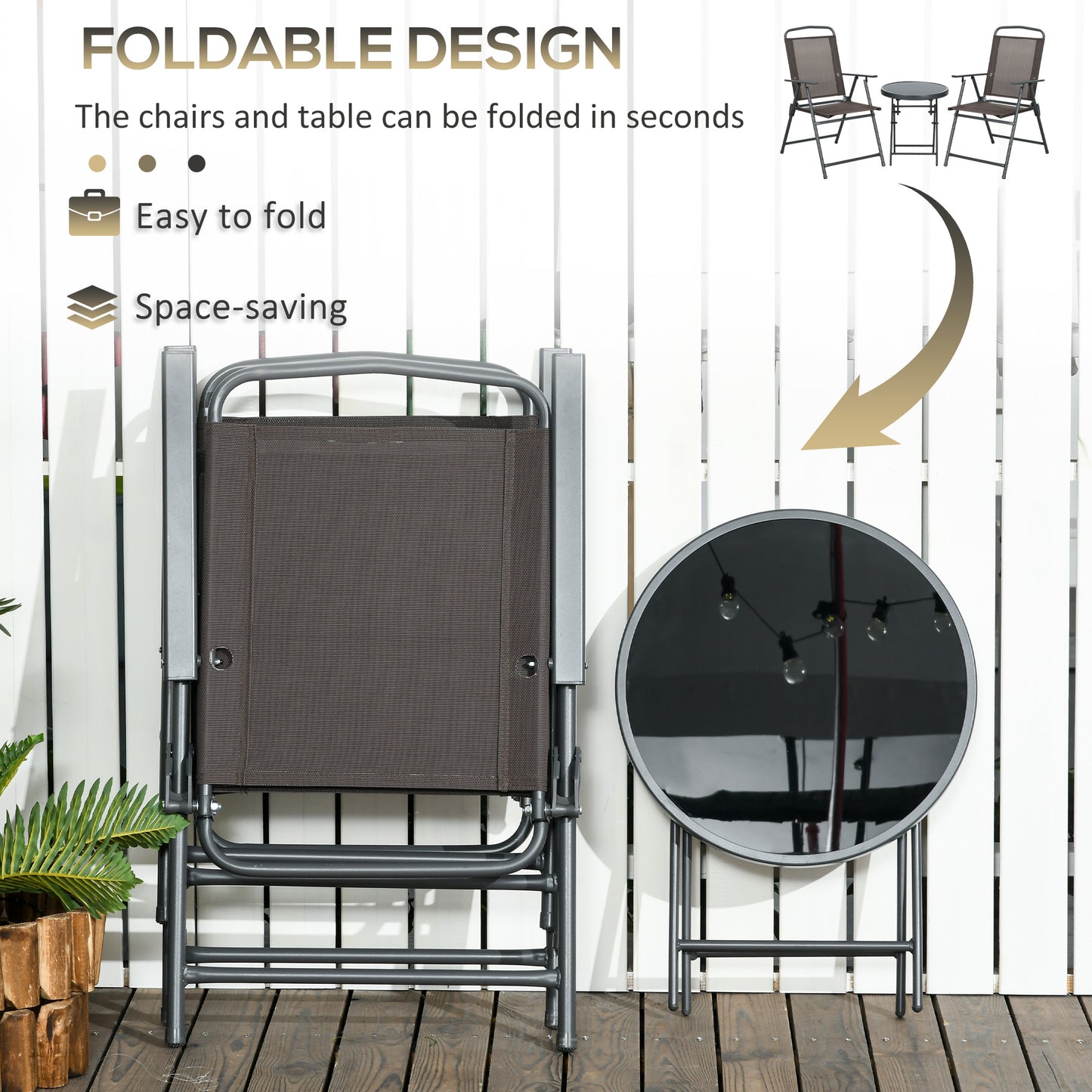 Outsunny 3 Pieces Bistro Set, Foldable Patio Furniture Set with Mesh Chairs, Glass Table for Garden, Balcony, Charcoal Grey