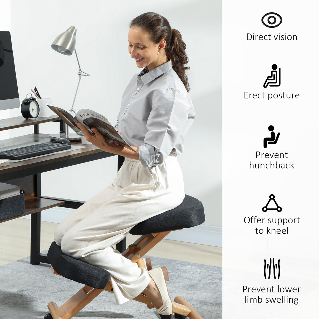 HOMCOM Ergonomic Kneeling Chair, Posture Chair with Rubberwood Frame, Wheels for Home Office, Posture Correction, Cream White