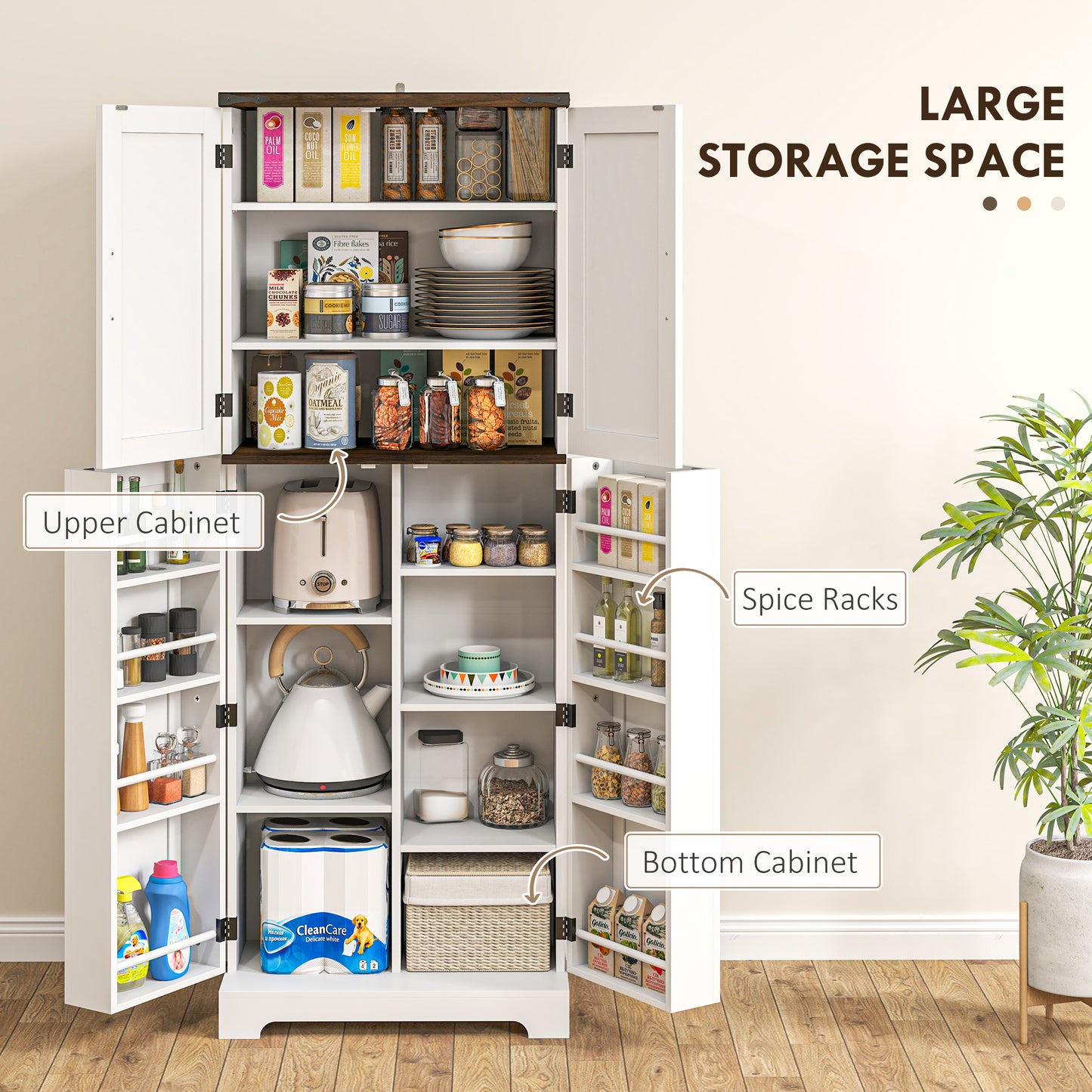 HOMCOM 64" Tall Kitchen Pantry Cabinet with Spice Racks and Adjustable Shelves, White