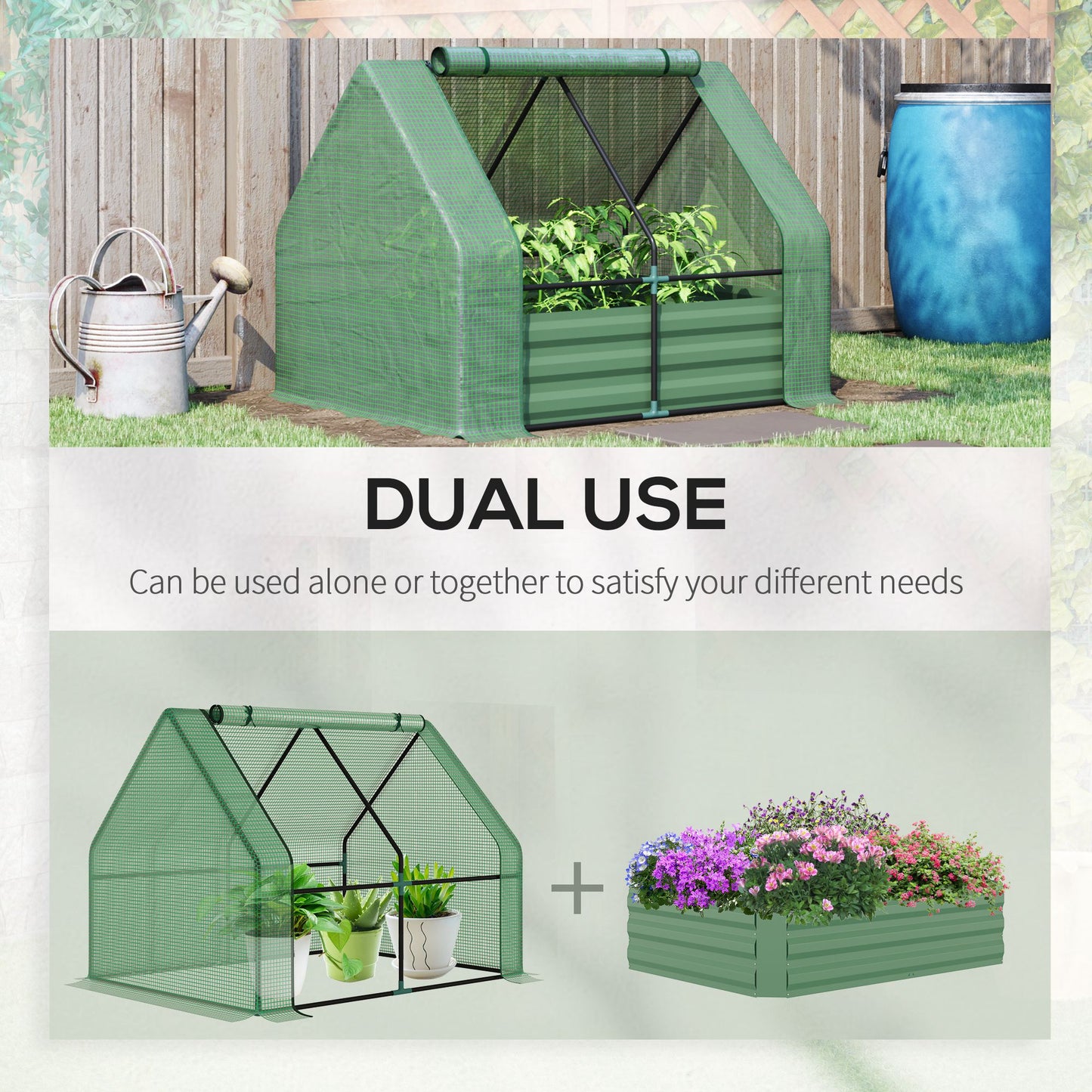 Outsunny Steel Outdoor Raised Garden Bed with Greenhouse,Cover, Roll Up Door, Dual Use, 50"x37.4"x36.2", Green