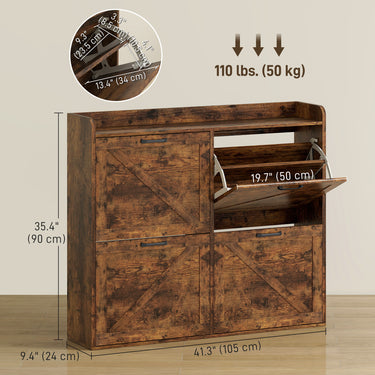 HOMCOM Narrow Shoe Storage Cabinet with 4 Flip Drawers, Adjustable Shelves, 16 Pair Farmhouse Shoe Cabinet, Rustic Brown