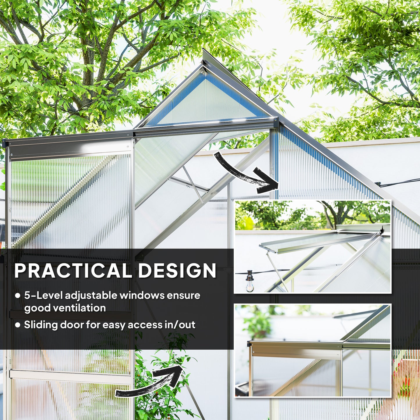 Outsunny 6' x 12' x 6.5' Walk-in Greenhouse, Polycarbonate Greenhouse with Adjustable Roof Vent, Base, Sliding Door, Clear