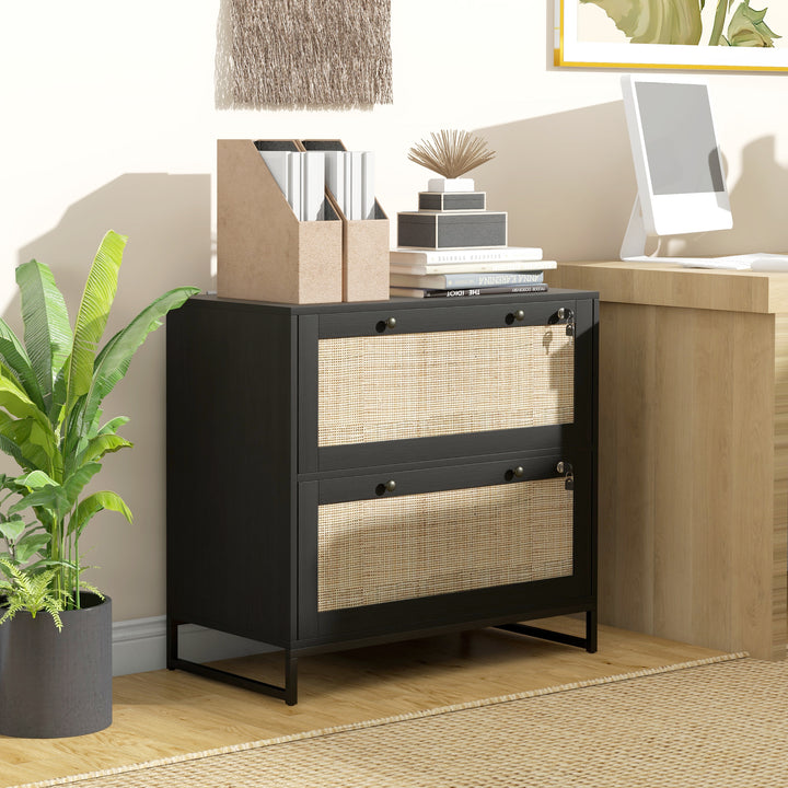 Vinsetto 2-Drawer Filing Cabinet with Lock, Rattan File Cabinet with Adjustable Hanging Bar, Natural