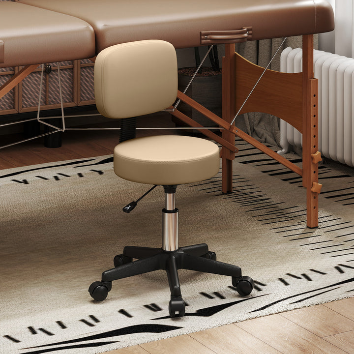 HOMCOM Adjustable Rolling Stool with Back, PU Leather Round Swivel Drafting Stool with Wheels for Kitchen, Salon Spa, Bar, Home Office, Massage, White