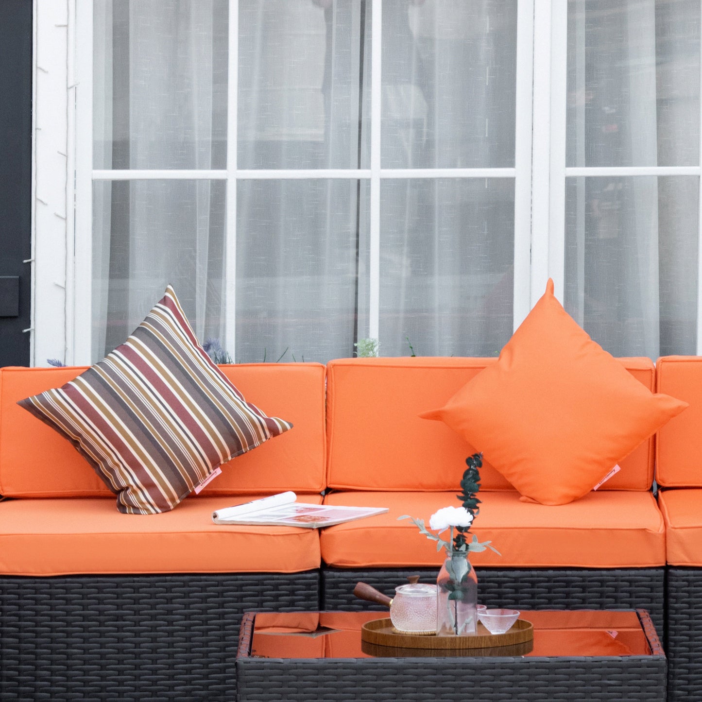 Outsunny 7pcs Garden Wicker Sectional Set w/ Tea Table Patio Rattan Lounge Sofa with Cushion for Outdoor Deck Orange
