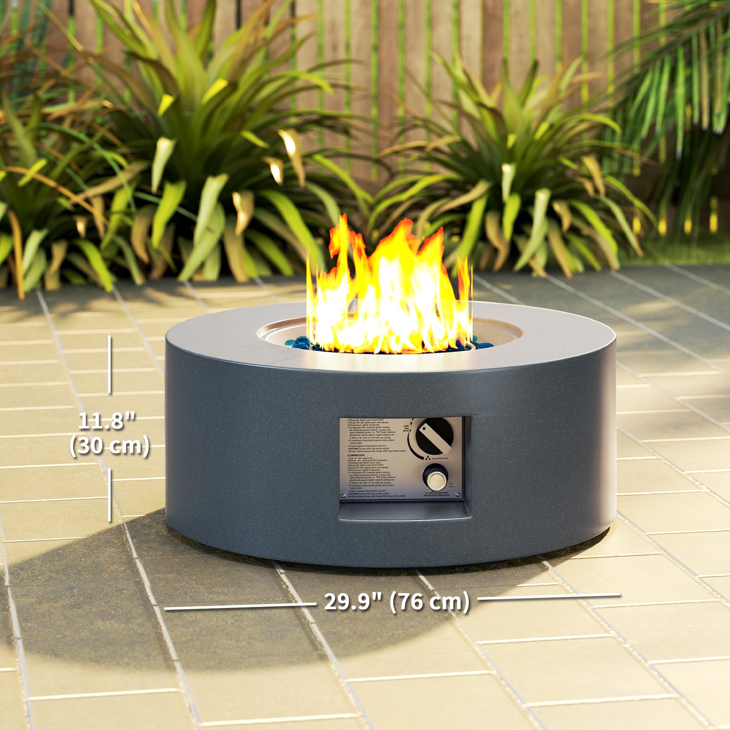 Outsunny 30" Round Propane Fire Pit Table 50,000 BTU Outdoor Gas Fire Table with Waterproof Cover, Decorative Glass Rocks, Tank Holder, Grey