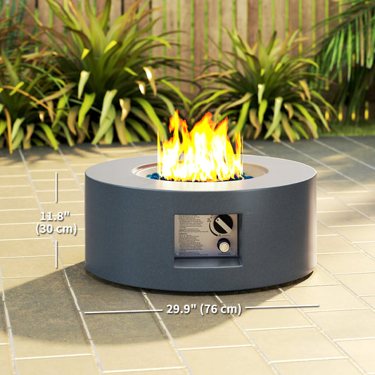 Outsunny 30" Round Propane Fire Pit Table 50,000 BTU Outdoor Gas Fire Table with Waterproof Cover, Decorative Glass Rocks, Tank Holder, Grey