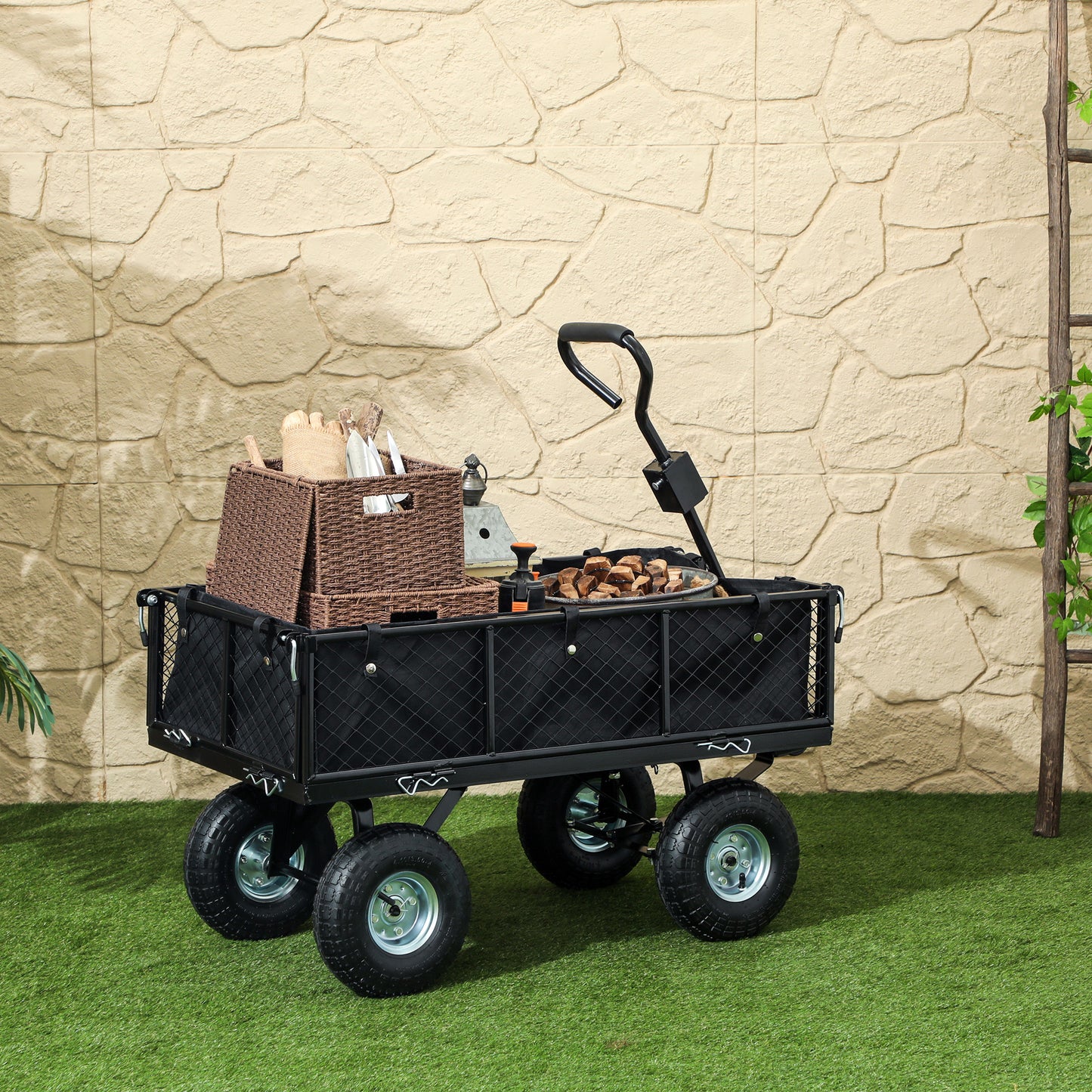 Outsunny 342L Utility Wagon Cart with Removable Mesh Sides to Convert into Flatbed for Beach Lawn Yard