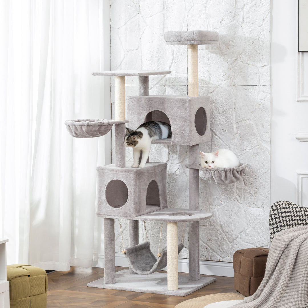 PawHut 66 Inch Large Cat Tree with 2 Door Condos, 3 Big Hammocks, Plush Top Perch, Sisal Scratching Posts, Light Grey