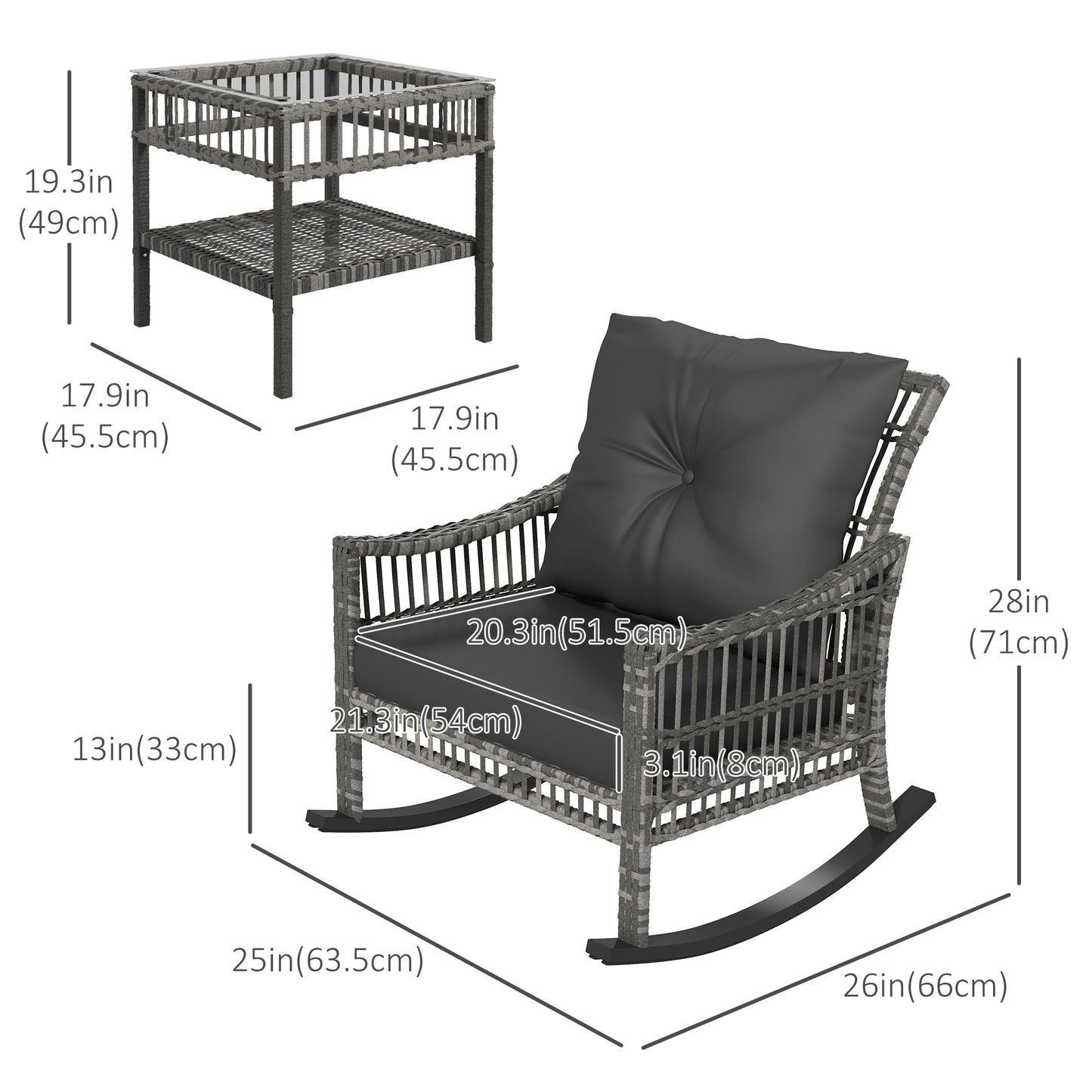 Outsunny 3 Pieces Outdoor PE Rattan Rocker Chair Set, Rocking Chair with Tempered Glass Table Top,25"x26"x28", Turquoise Green
