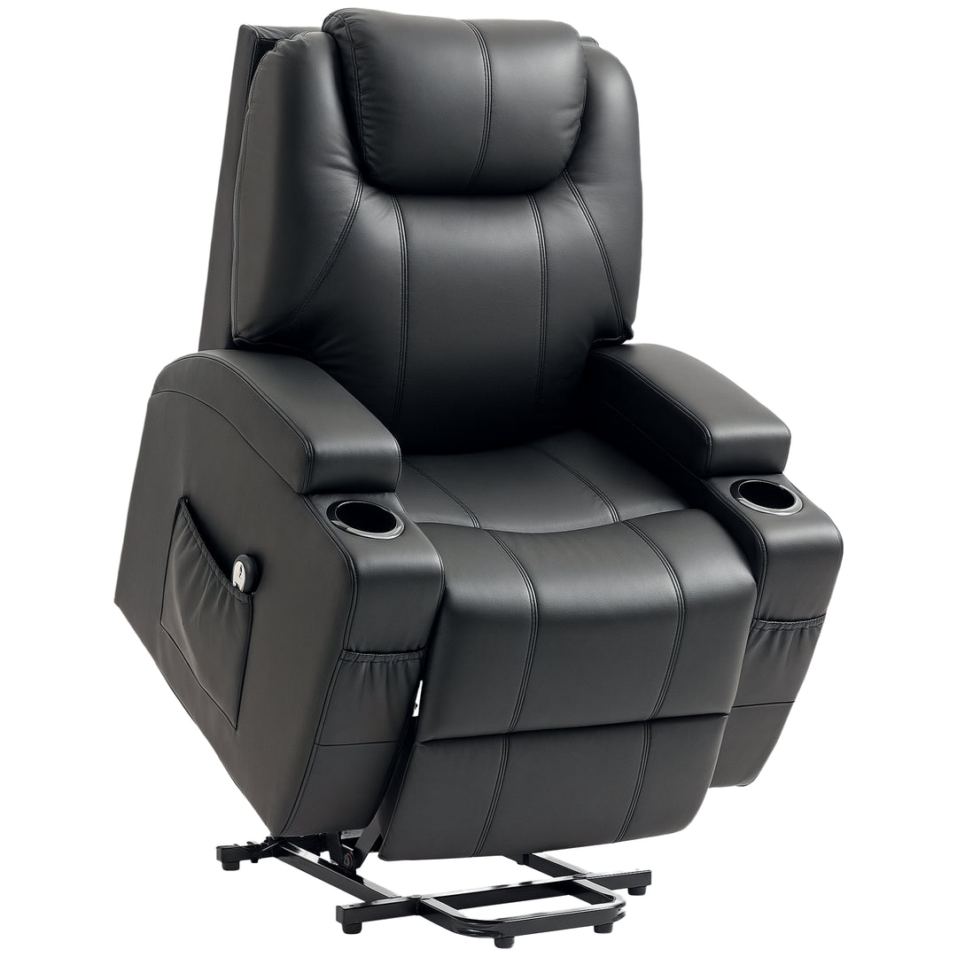 HOMCOM Power Lift Recliner Chair for Elderly, PU Leather Lift Chair with Footrest, Remote Control, Side Pockets and Cup Holders, Reclining Sofa for Living Room, Black