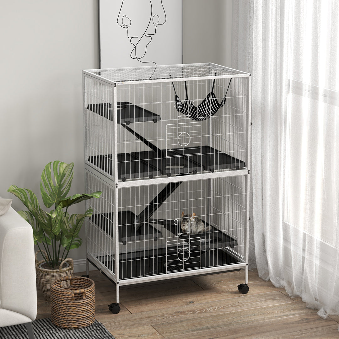 PawHut 5-Tier Rolling Small Animal Cage, Deluxe Guinea Pig Cage, Ferret Cage for Mink Chinchilla Kitten Rabbit, Light Grey