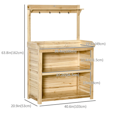 Outsunny Potting Bench Table, Wooden Garden Workstation Bench with Galvanized Metal Tabletop, Storage Shelves and Hooks for Patios, Courtyards, Balcony