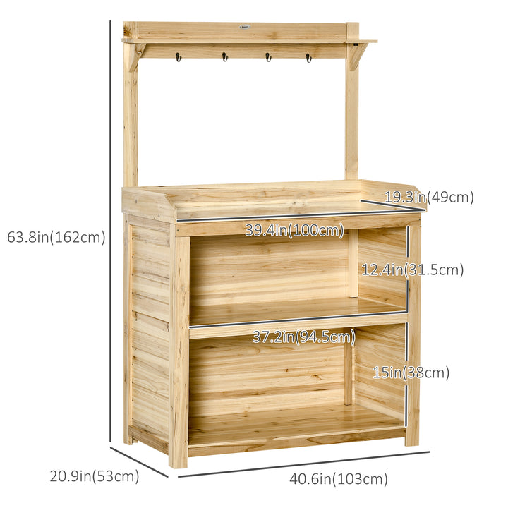 Outsunny Potting Bench Table, Wooden Garden Workstation Bench with Galvanized Metal Tabletop, Storage Shelves and Hooks for Patios, Courtyards, Balcony