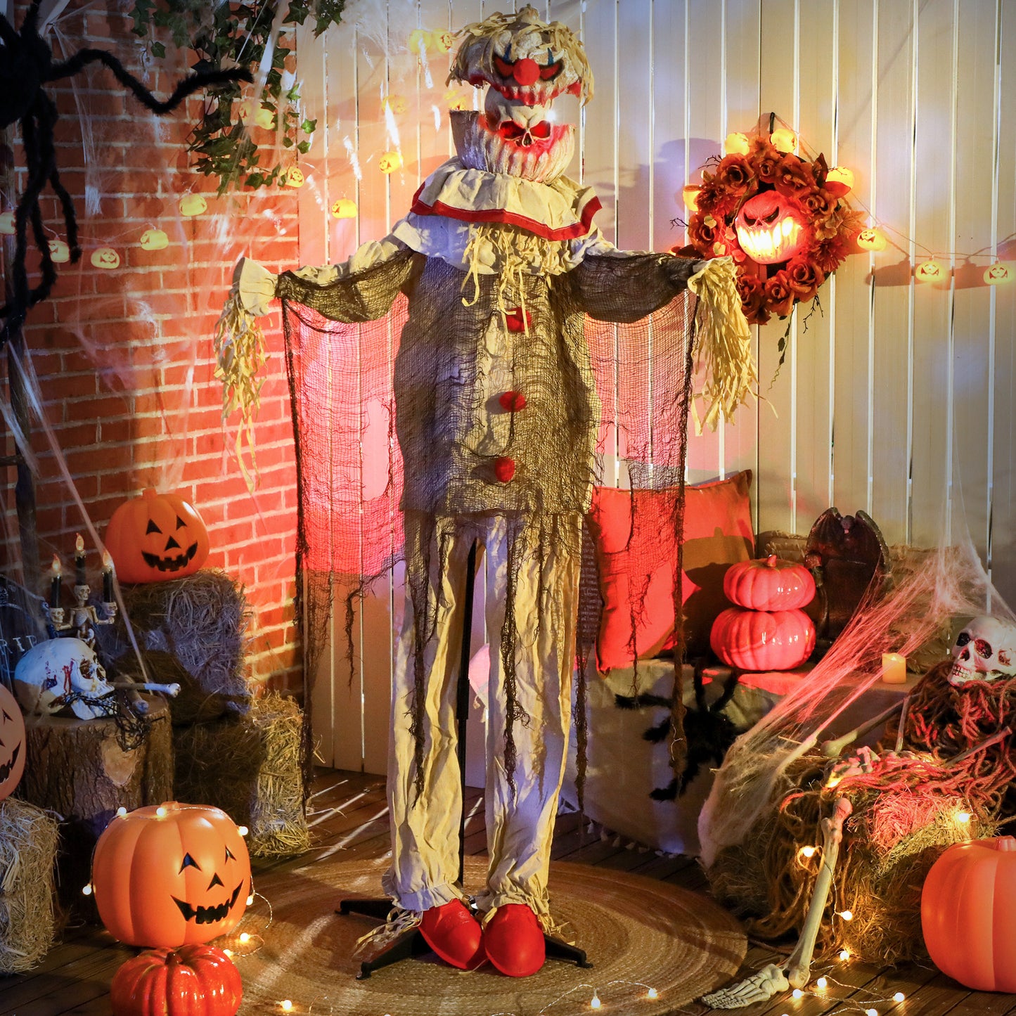 Outsunny 68" Life Size Halloween Animated Pumpkin Clown with Glowing LED Eyes, Battery Operated, Indoor Party Props