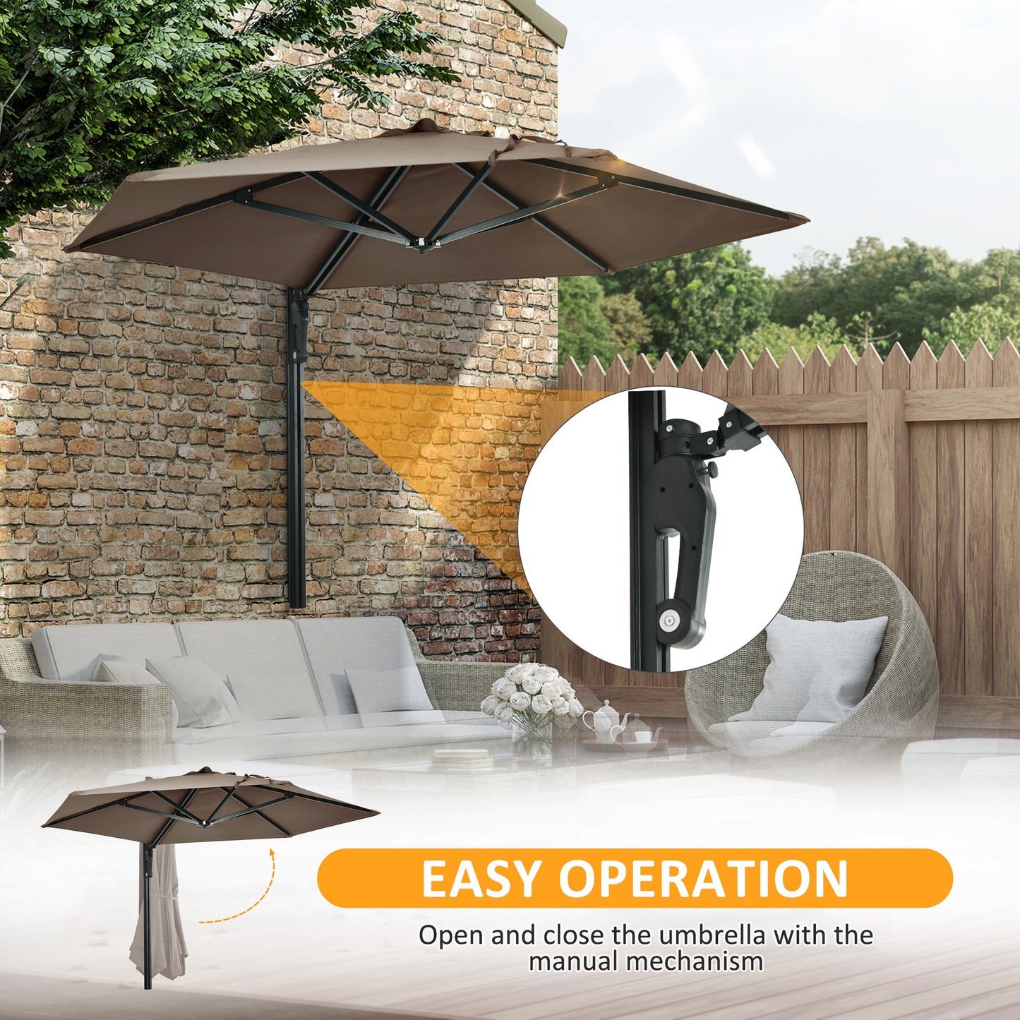 Outsunny 8 ft Wall Mounted Umbrella with 180Â° Rotatable Canopy, Patio Wall Parasol for Outdoor, Garden, Balcony, Yard,  Khaki