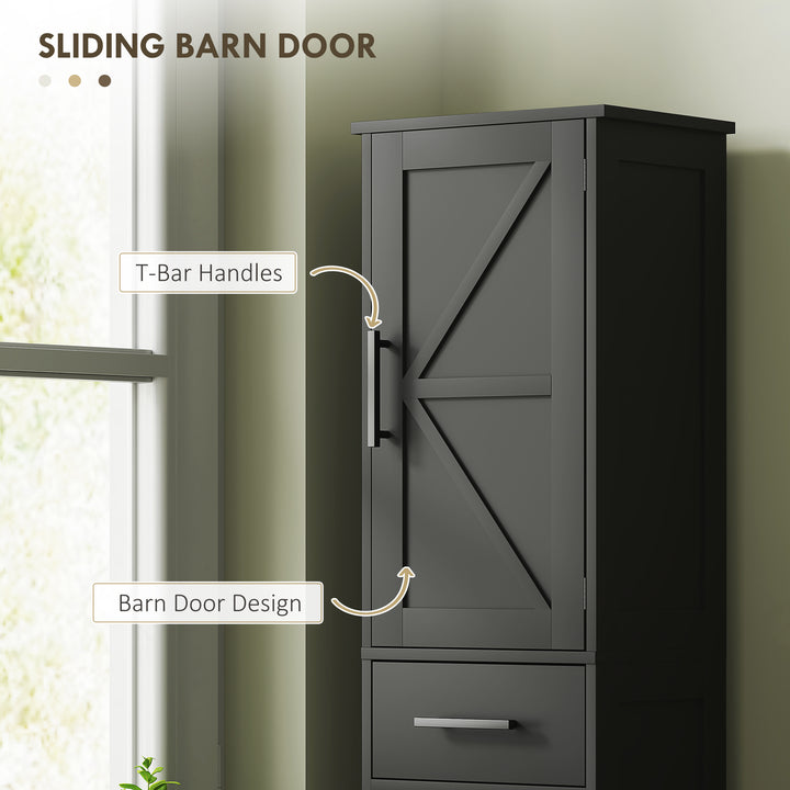 HOMCOM 67" Tall Bathroom Cabinet, Narrow Bathroom Storage Cabinet with Drawer, Barn Doors and Adjustable Shelves, Black