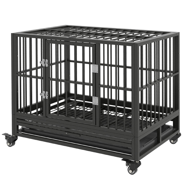 PawHut 36" Heavy Duty Steel Dog Crate Kennel Pet Cage with Wheels for Convenient Access Anti-Pinching Floor, Grey