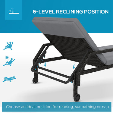 Outsunny Wicker Chaise Lounger with 5-Level Adjustable Backrest, Light Grey