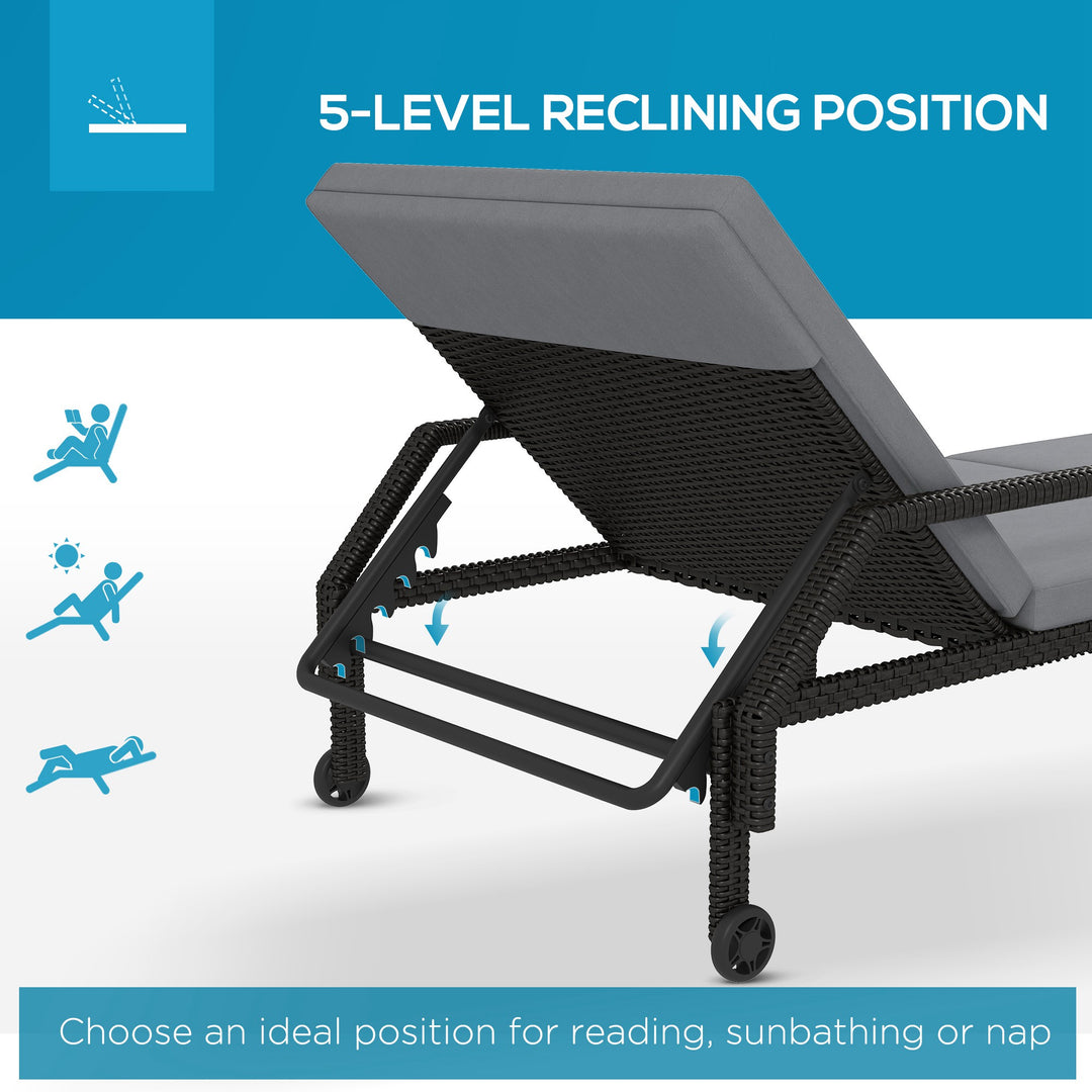 Outsunny Wicker Chaise Lounger with 5-Level Adjustable Backrest, Light Grey