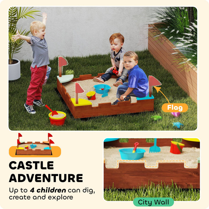 Qaba Kids Wooden Sandbox with Flags, 4 Colorful Built-in Corner Seating, Ground Liner, Gift for Ages 3-7, Wooden Brown