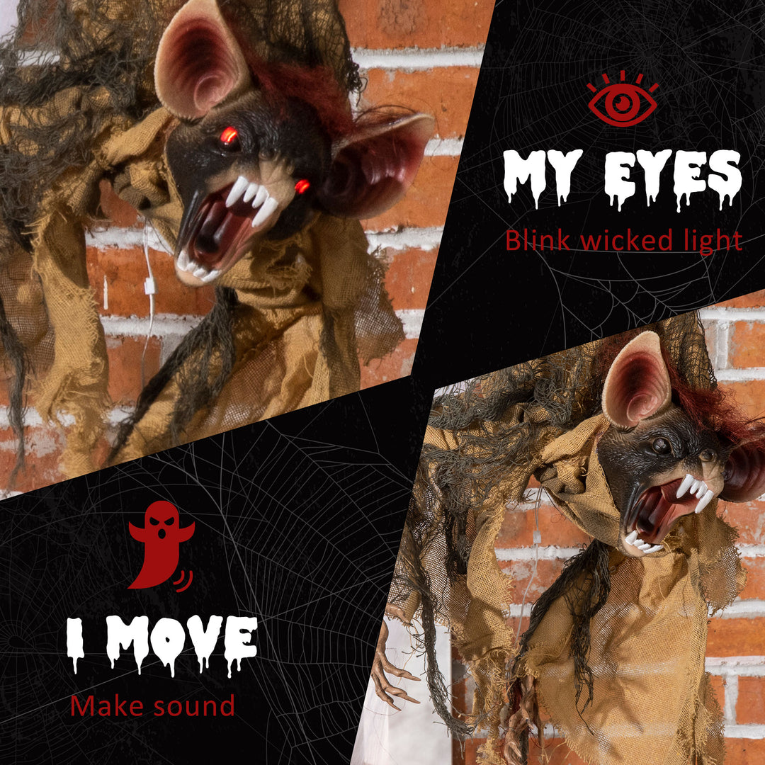 Outsunny 28" Halloween Animated Hanging Bat Opening Month with Glowing LED Eyes, Scary Halloween Decorations, Battery Operated