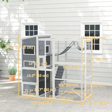 PawHut 76" Catio Outdoor Cat Enclosure with Cat Condo, Jumping Platforms, Ladder, Ramps, Hammock for 2-3 Indoor Cats, Grey
