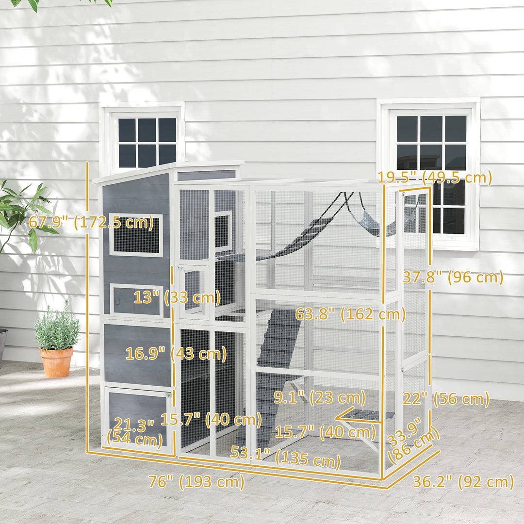 PawHut 76" Catio Outdoor Cat Enclosure with Cat Condo, Jumping Platforms, Ladder, Ramps, Hammock for 2-3 Indoor Cats, Grey