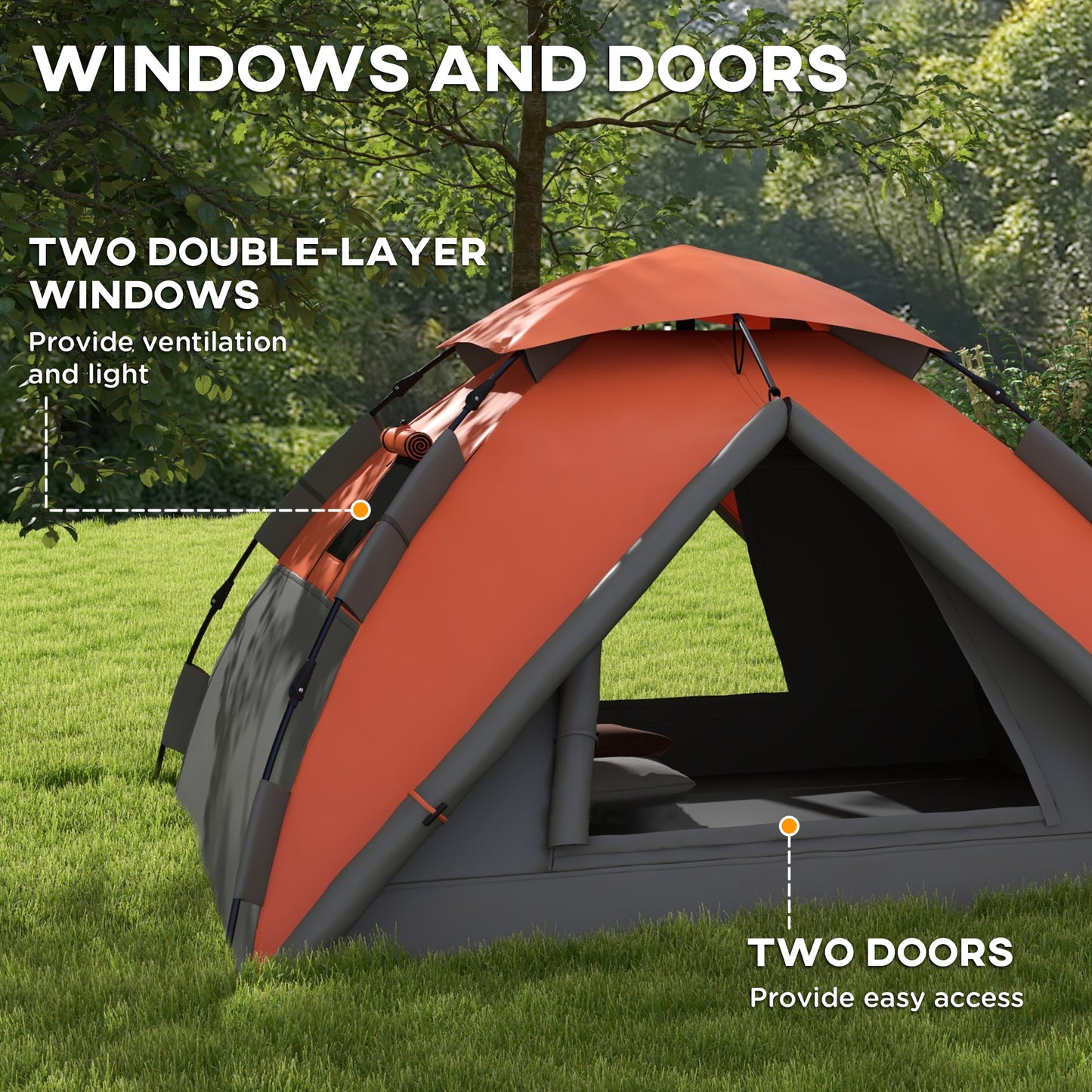 Outsunny Pop up Camping Tent, 3-4 Man Family Tent, 3000mm Waterproof, with Carry Bag and Top Hook, Grey and Orange