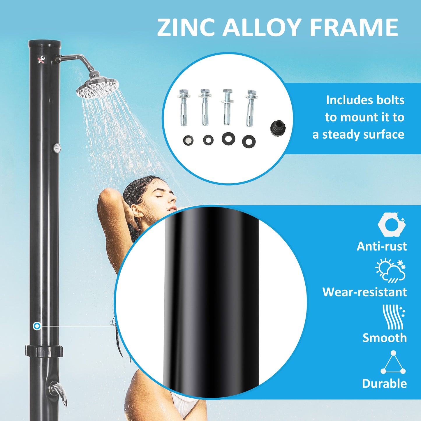 Outsunny 5.3 Gallons Solar Shower with Rotating Rainfall, Temperature Adjustment, 2 Section Outdoor Shower for Backyard, Black