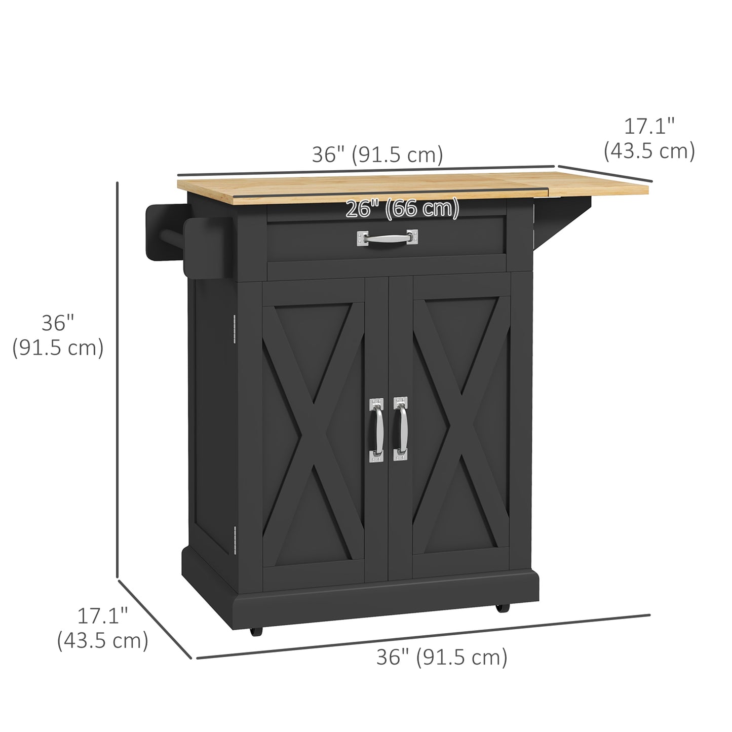 HOMCOM Foldable Kitchen Island with Storage Drawer, Farmhouse Style Rolling Utility Cart, Coffee Bar Cabinet on Wheels with Drop-Leaf Wood Top, White
