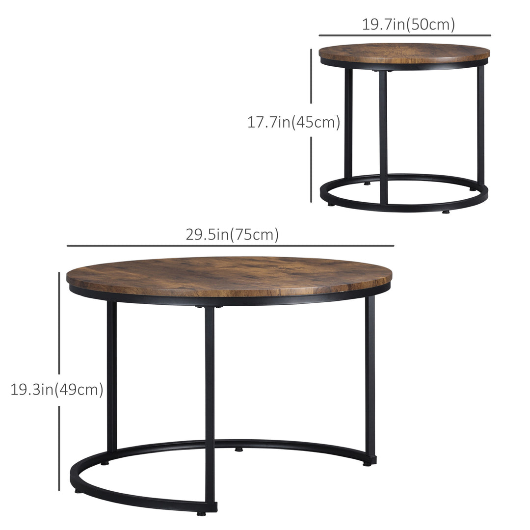 HOMCOM Nesting Coffee Tables Set of 2, Round Coffee Table with Metal Frame, Living Room Tables, Grey Wood Grain