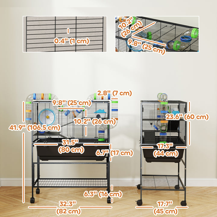 PawHut 3 Tier Rolling Hamster Cage with 7" Deep Tray, Storage Shelf, Big Exercise Wheel, Tube System, for Syrian, Gerbil, Rat