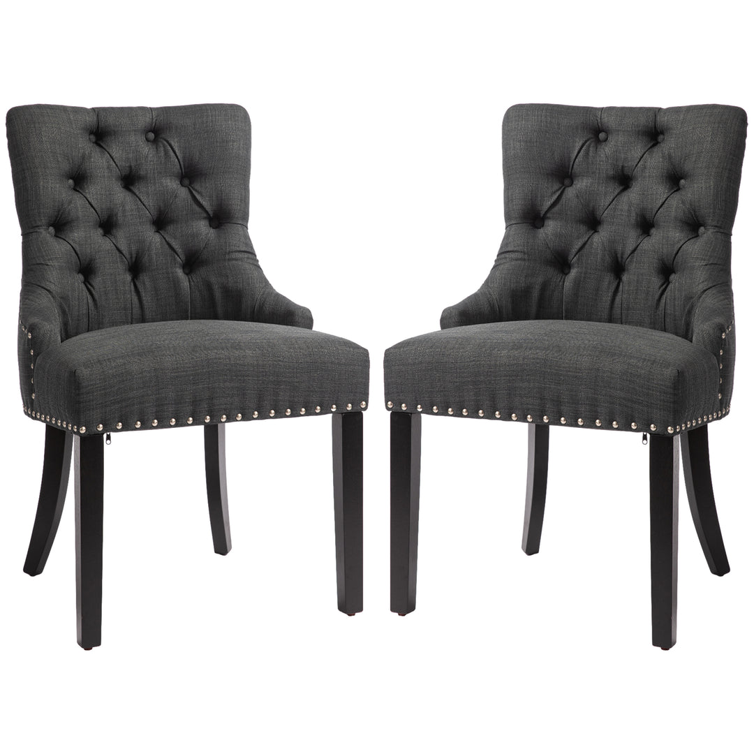 HOMCOM Swoop Air Linen Fabric Dining Chair Set of 2 with Nailhead Trim and Wood Legs, Dark Grey