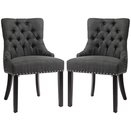 HOMCOM Swoop Air Linen Fabric Dining Chair Set of 2 with Nailhead Trim and Wood Legs, Dark Grey