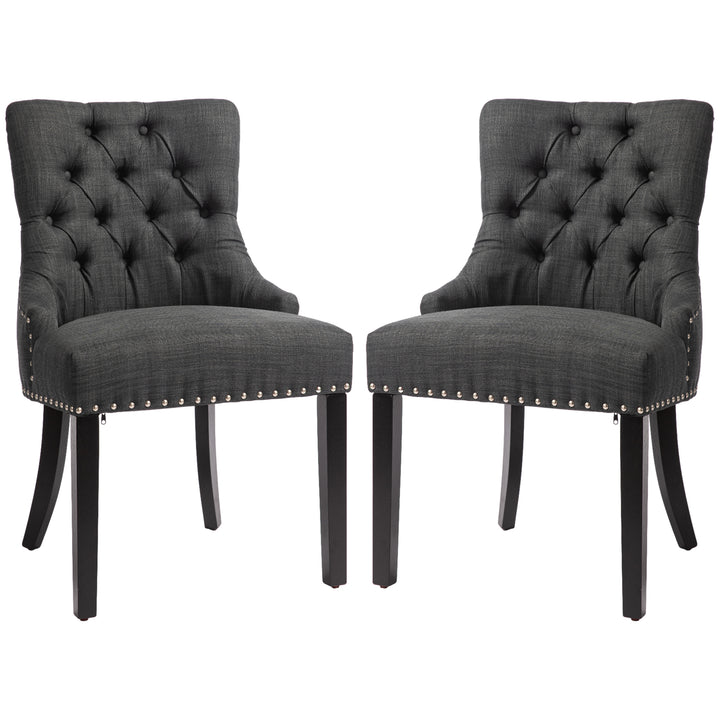 HOMCOM Swoop Air Linen Fabric Dining Chair Set of 2 with Nailhead Trim and Wood Legs, Dark Grey