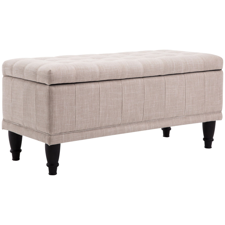 HOMCOM Storage Ottoman, Linen Fabric End of Bed Bench with Soft Close Lid, Button Tufted Storage Bench for Living Room, Entryway or Bedroom, 42" x 17" x 19", Beige