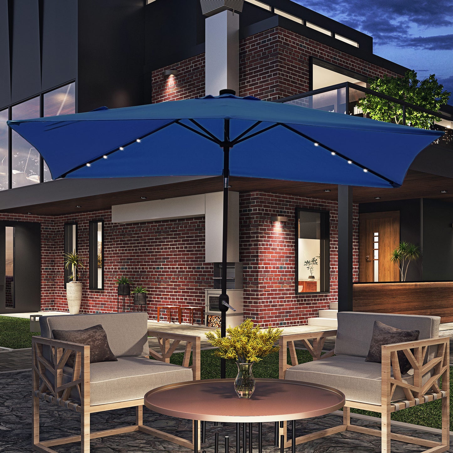 Outsunny 6' x 10' Patio Umbrella with 22 LED Solar Lights and Tilt, Rectangular Outdoor Table Umbrella with Crank, Beige