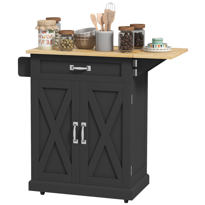 HOMCOM Foldable Kitchen Island with Storage Drawer, Farmhouse Style Rolling Utility Cart, Coffee Bar Cabinet on Wheels with Drop-Leaf Wood Top, White