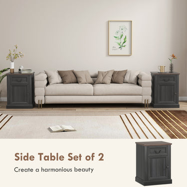 HOMCOM Side Table Set of 2, End Tables with Drawer and Cabinet, Nightstands for Small Spaces, Living Room, Black