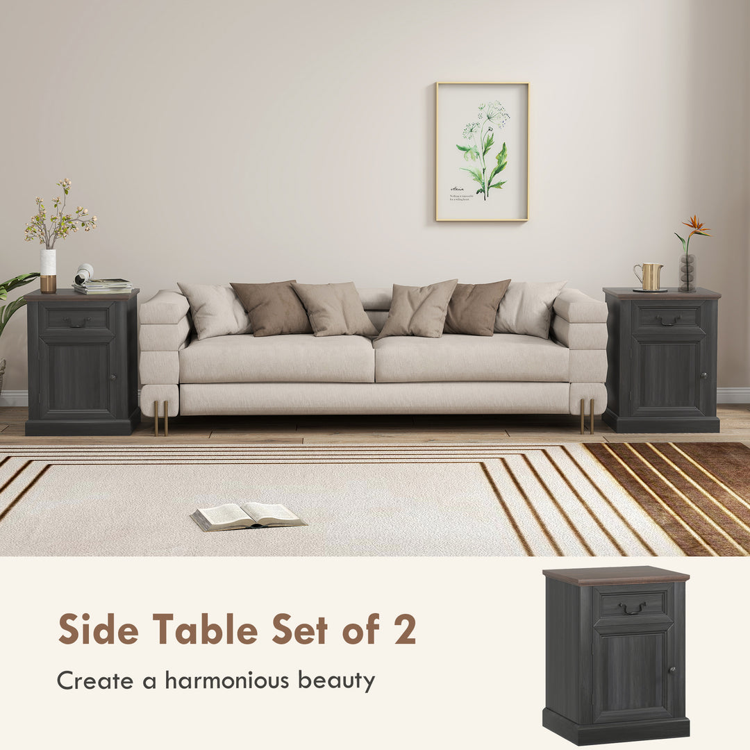 HOMCOM Side Table Set of 2, End Tables with Drawer and Cabinet, Nightstands for Small Spaces, Living Room, Black