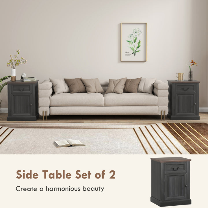 HOMCOM Side Table Set of 2, End Tables with Drawer and Cabinet, Nightstands for Small Spaces, Living Room, Black