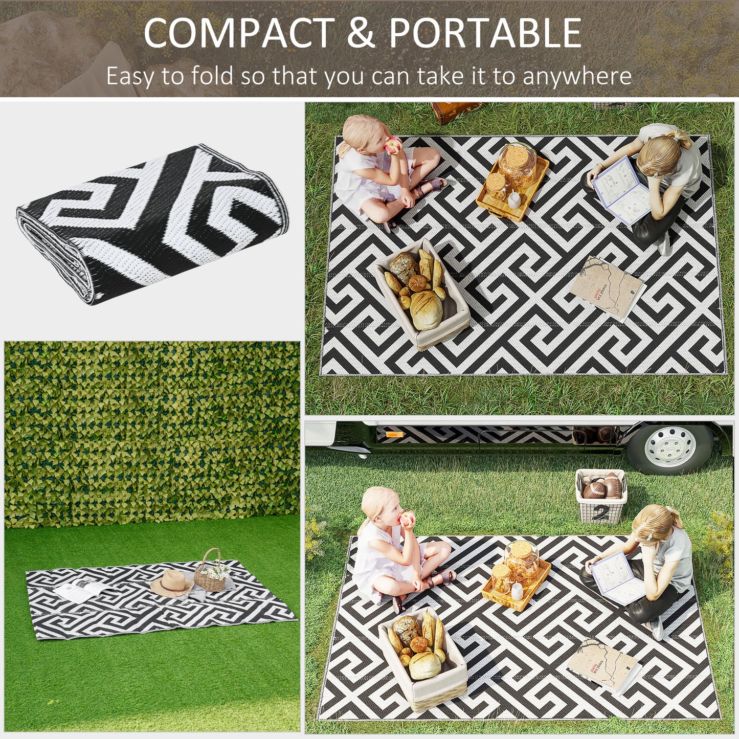 Outsunny Reversible Outdoor RV Rug, Patio Floor Mat, 5' x 8' Plastic Straw Rug for Backyard, Deck, Beach, Camping, Black & White