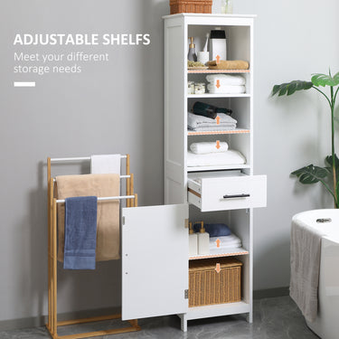 kleankin Tall Bathroom Storage Cabinet, Free Standing Bathroom Cabinet Slim Side Organizer w/ 3-Tier Open Shelf, Door, and Drawer, White