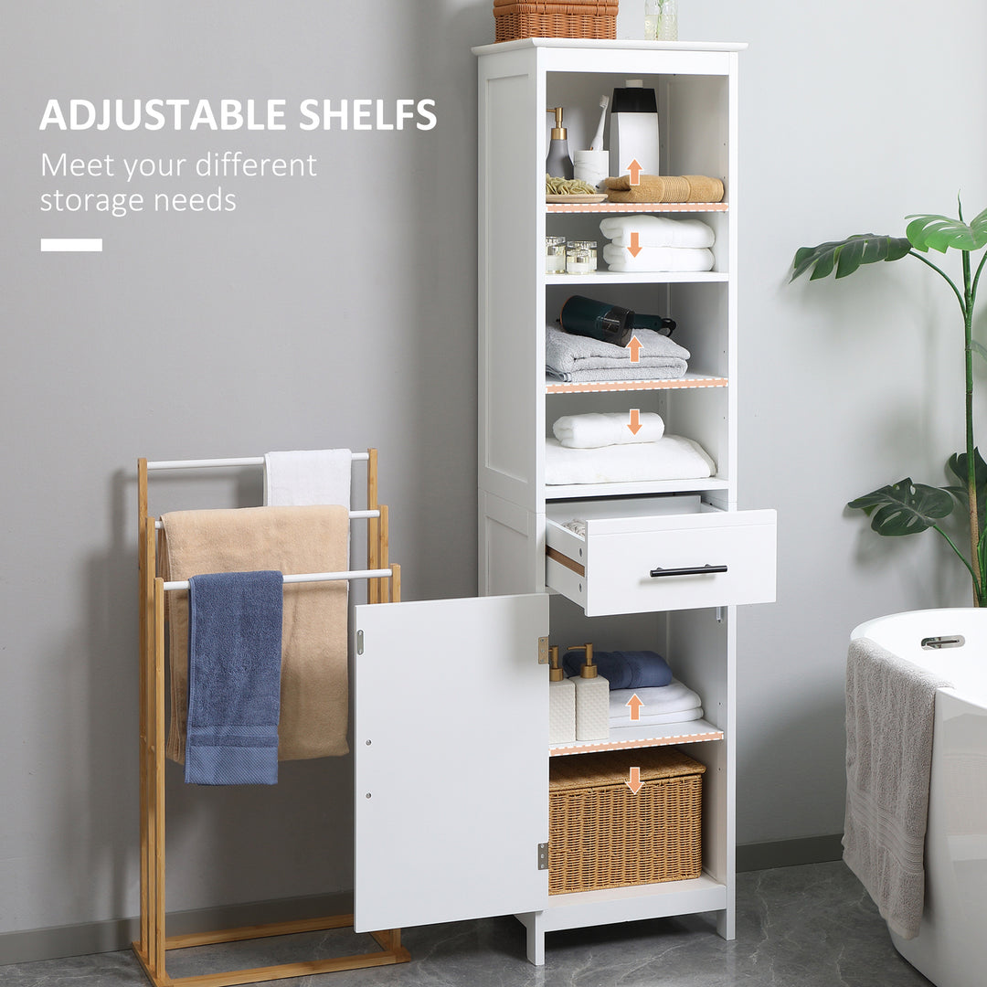 kleankin Tall Bathroom Storage Cabinet, Free Standing Bathroom Cabinet Slim Side Organizer w/ 3-Tier Open Shelf, Door, and Drawer, White