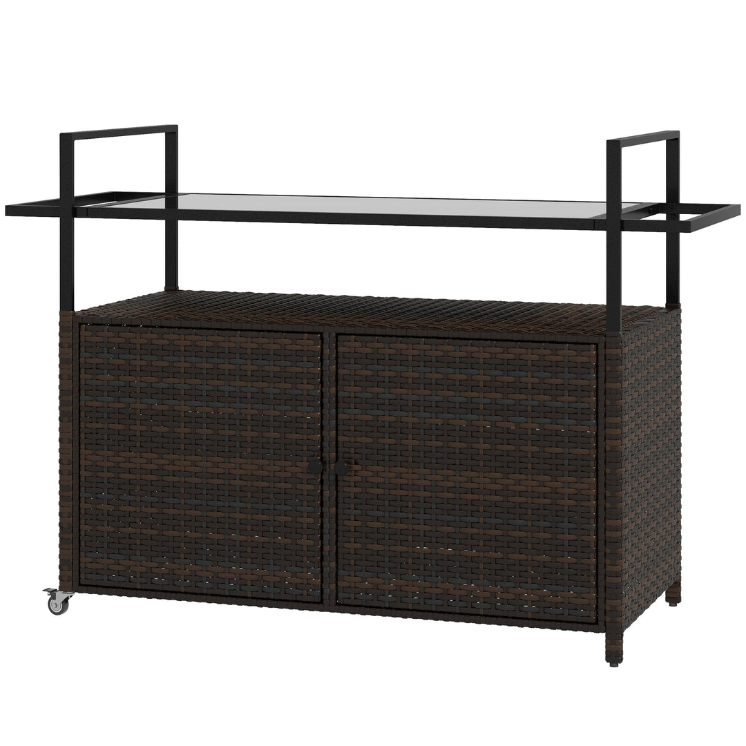 Outsunny 2-Tier PE Rattan Outdoor Bar Cart, Glass Top Outdoor Kitchen Island with Cabinet, Mixed Brown